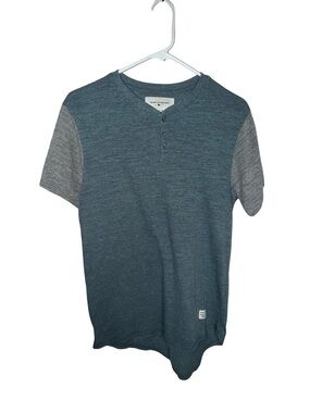 Modern Amusement Teal Blue Henley with Gray Contrast Sleeves